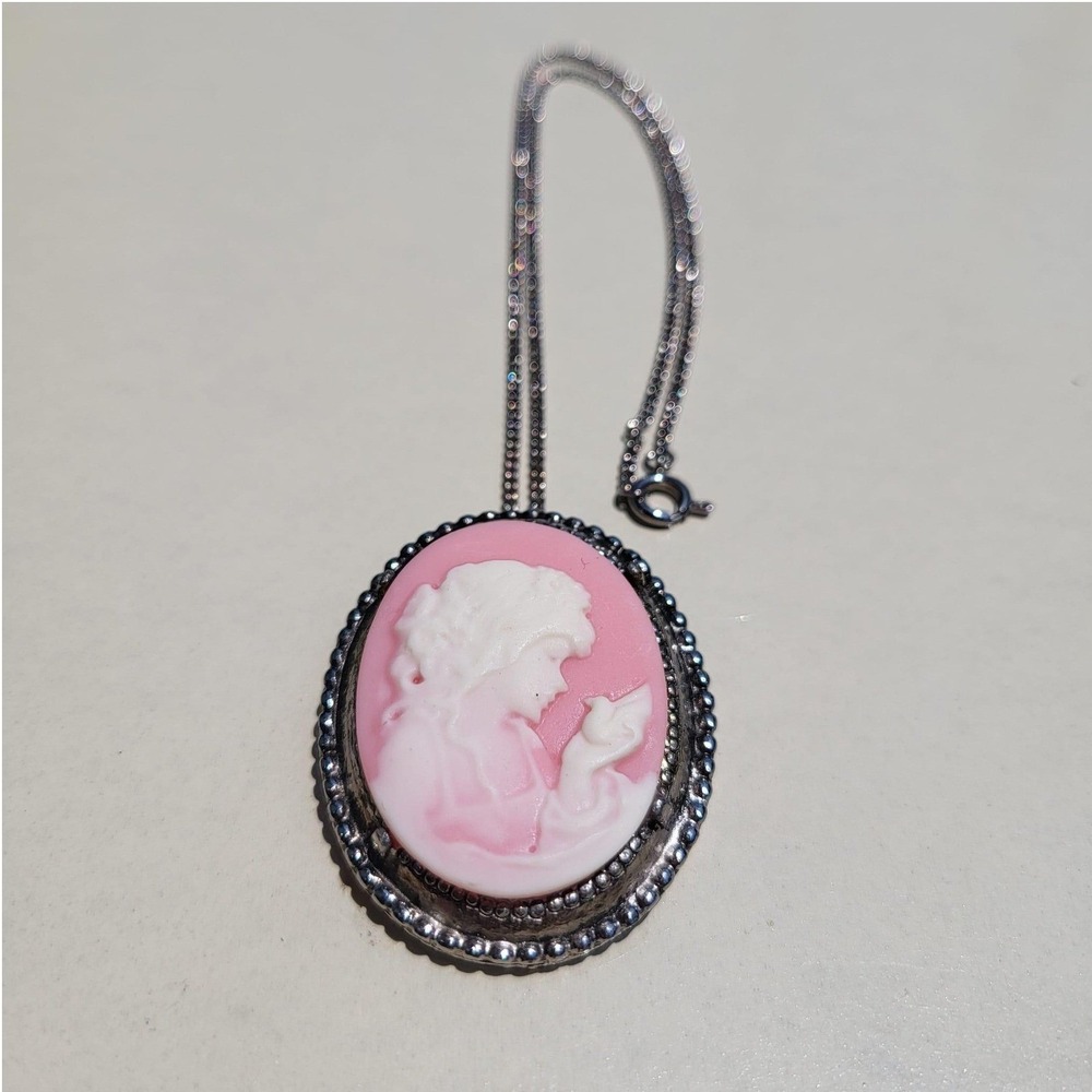 Vintage Cameo Necklace Pink Victorian Style Brooch Pendant Bird